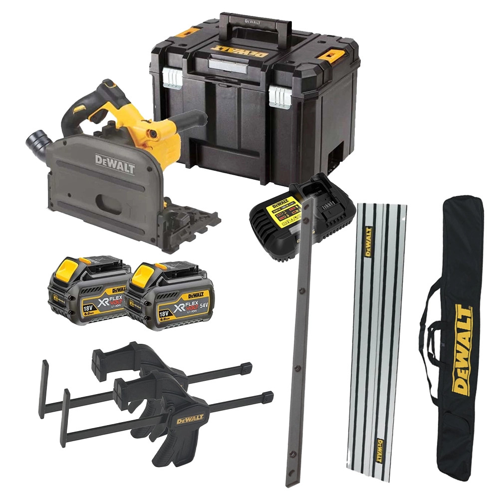 Dewalt DCS520 54V XR FLEXVOLT Brushless Plunge Saw, 2x 1.5m Guide Rails, 1x Connector Piece 2x Clamp