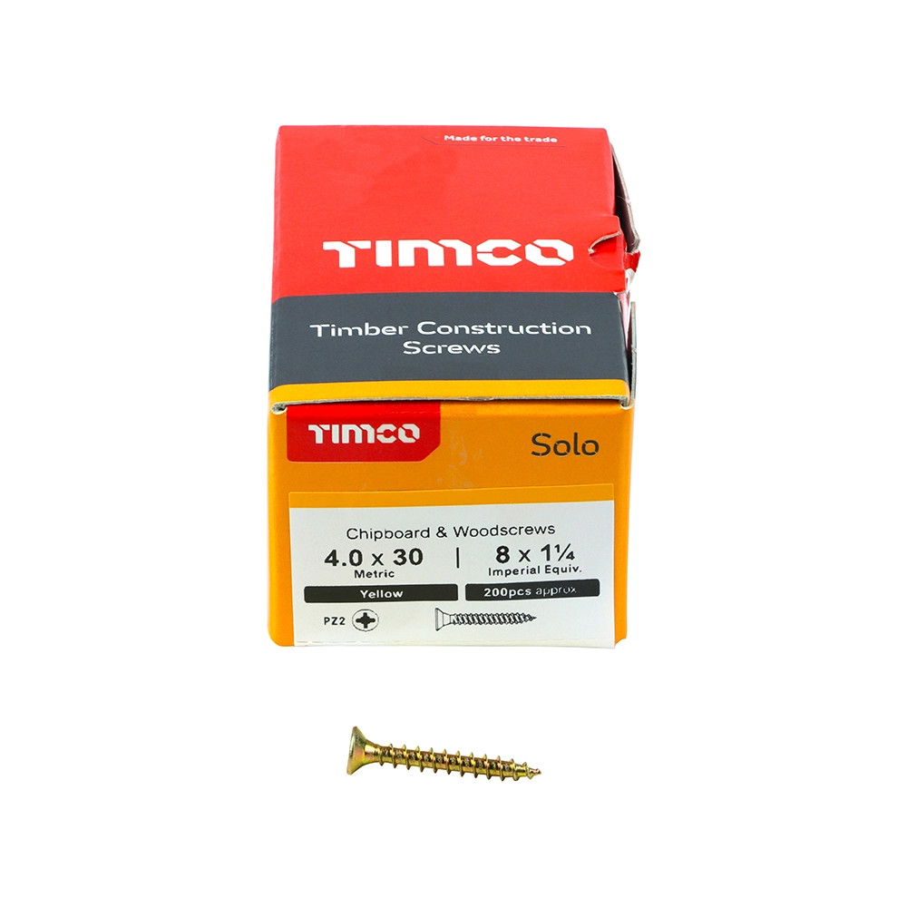 Timco 4.0 x 30mm Solo Woodscrew Zinc Yellow Passivated - Box of 200